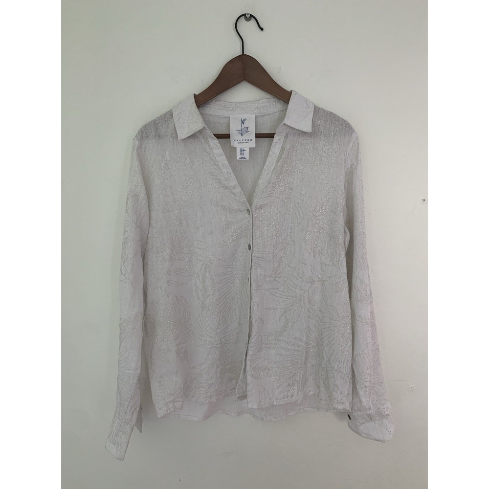 Calypso St Barth White Button Up 100% Linen M Sparkle Palm Leaf Botanical Print
